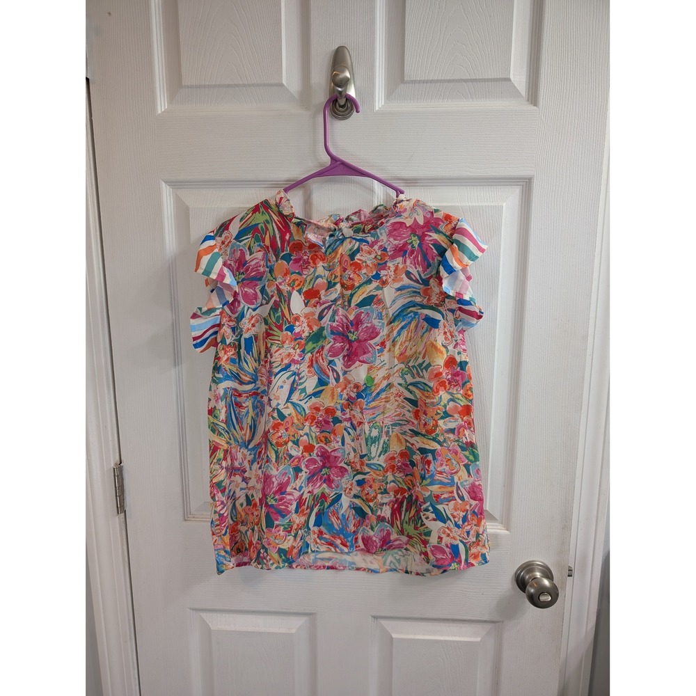 Flying Tomato Floral Flutter Sleeve Ruffle Blouse Multi‎ Color Womens - Size L